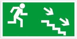 Znak na folii "Kierunek do wyjścia drogi ewakuacji schodami w dół" - 150 x 300 mm