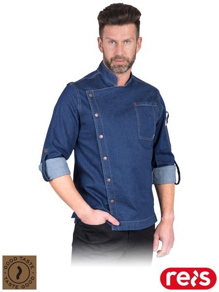 Bluza kucharska z jeansu - zatrzaski, guzik, stójka - dla kucharzy i gastronomii REIS