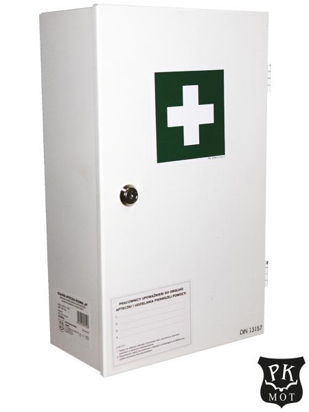 Apteczka Ścienna DIN 13157:2021 – Stalowa, Biała, Pełne Wyposażenie dla Firm PK-MOT