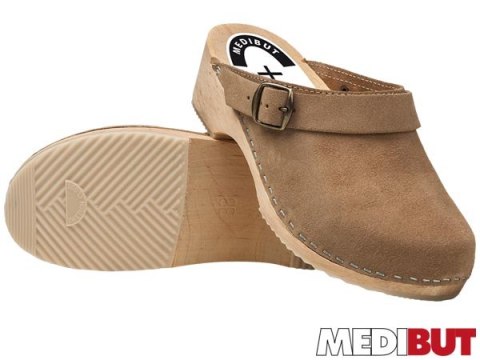 Drewniaki Zdrowotne z Paskiem | Skóra Welurowa | Antypoślizgowe | EN 20347 MEDIBUT