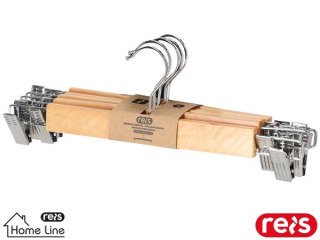 Wieszak Drewniany z Klipsami 33cm | Chromowany Uchwyt | Spodnie, Spódnice | Zestaw 5 szt. | Elegancki REIS