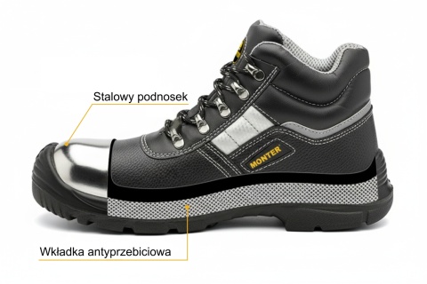 Buty ochronne trzewiki S3 rozm. 47 z metalowym podnoskiem i wkładką antyprzebiciową – antypoślizgowe MONTER