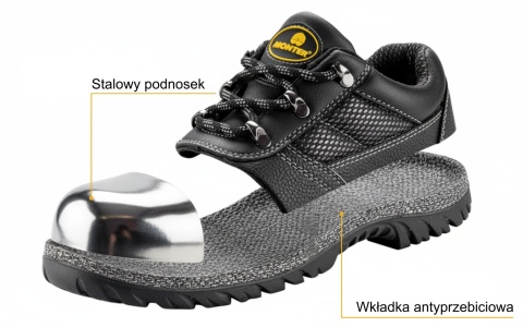 Półbuty robocze S3 rozm. 44 z metalowym podnoskiem i wkładką antyprzebiciową – antypoślizgowe MONTER