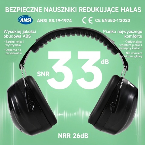 Ochronniki Przeciwhałasowe Safeyear EM5002 | SNR 33dB | EN 352-1 Czarne