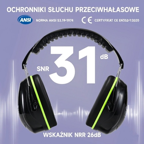 Ochronniki Przeciwhałasowe Safeyear EM-1B | SNR 31dB | EN 352-1 Czarne fluo